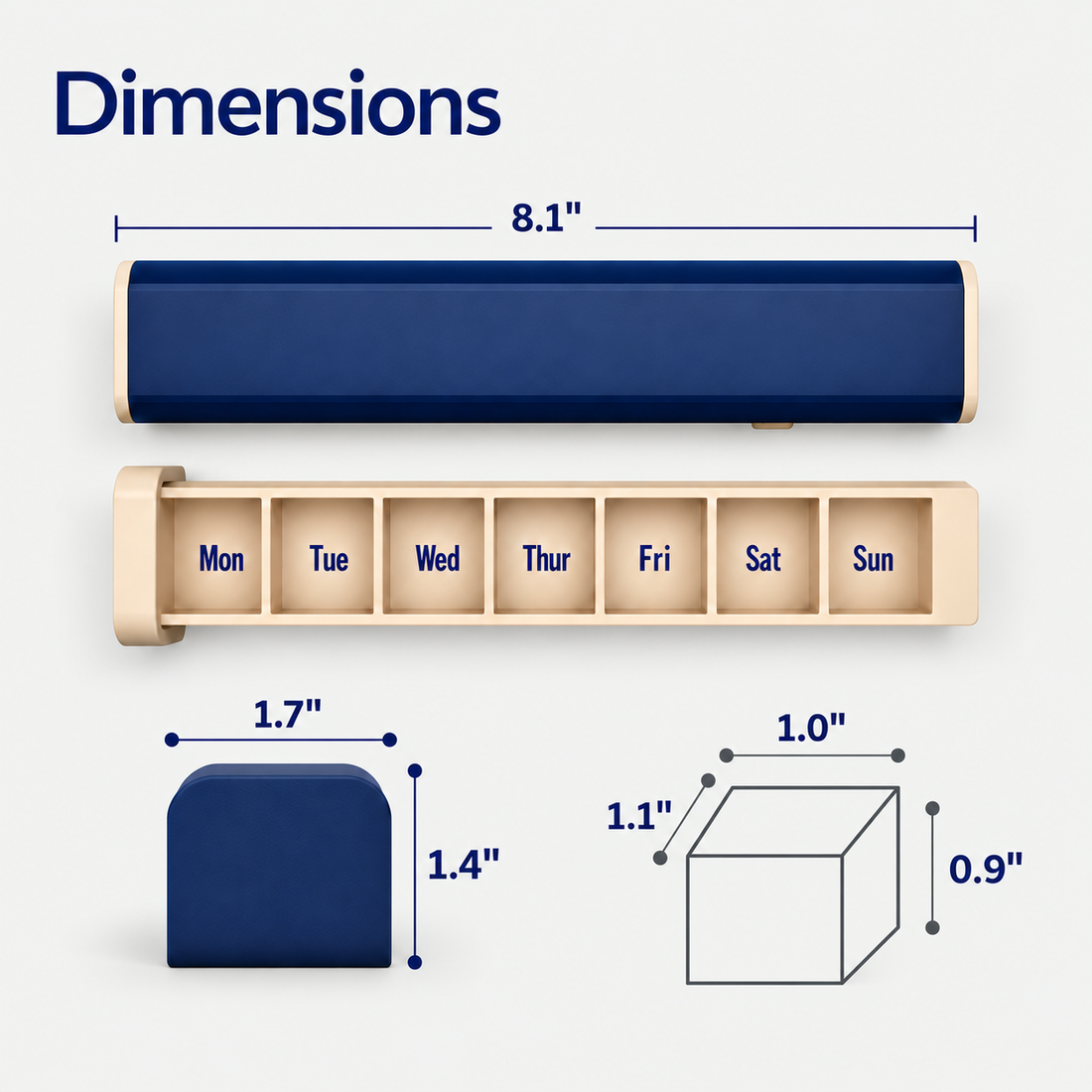 7-day pill organizer dimensions showing overall size and individual compartment measurements