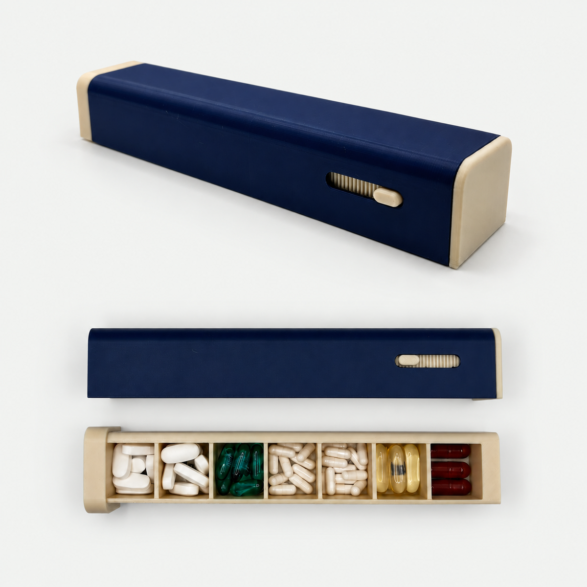 Navy 7-day pill organizer with sliding outer sleeve and seven-compartment tray