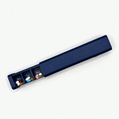 Navy 7-day pill organizer partially open with Monday through Wednesday compartments visible