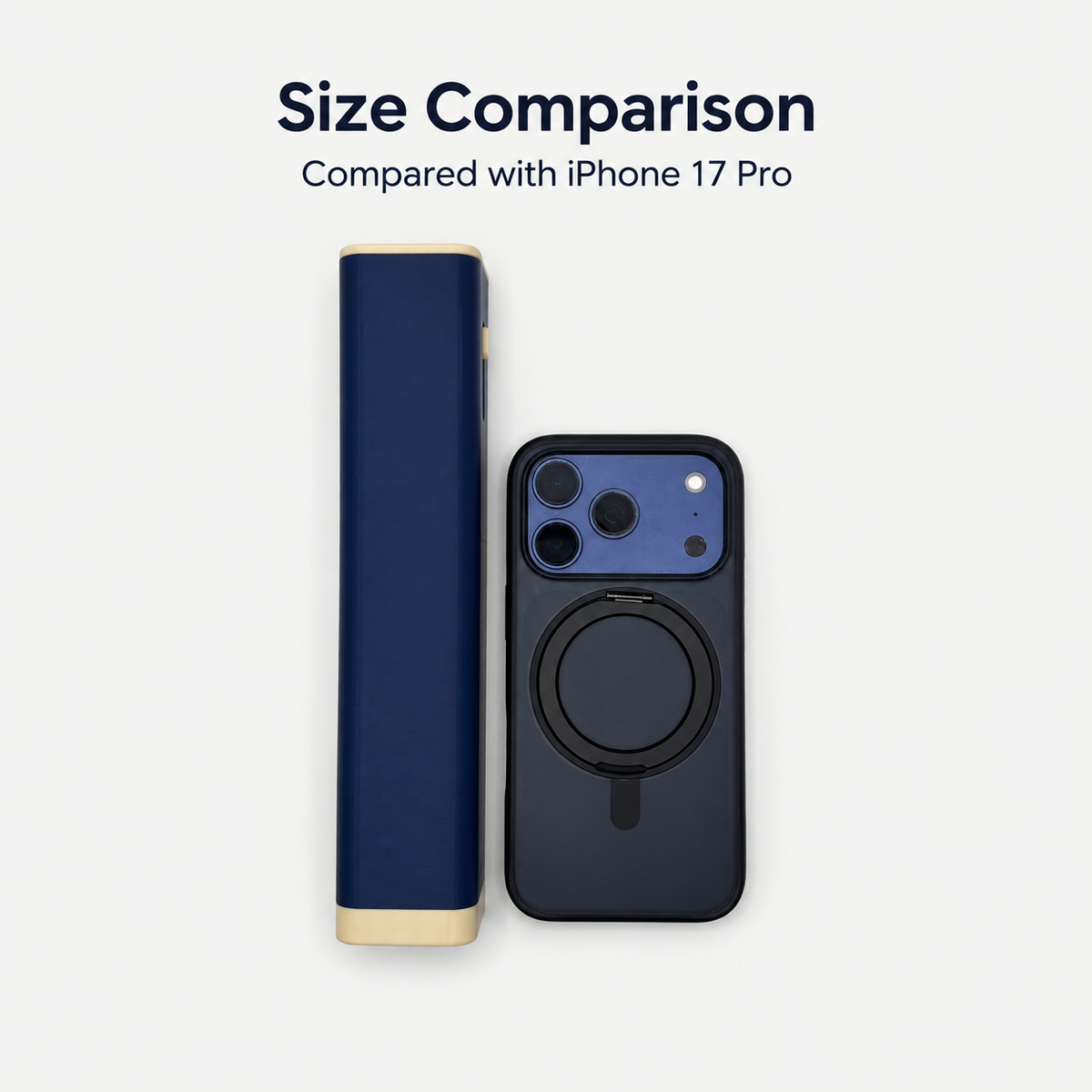 7-day pill organizer shown next to a smartphone for size comparison